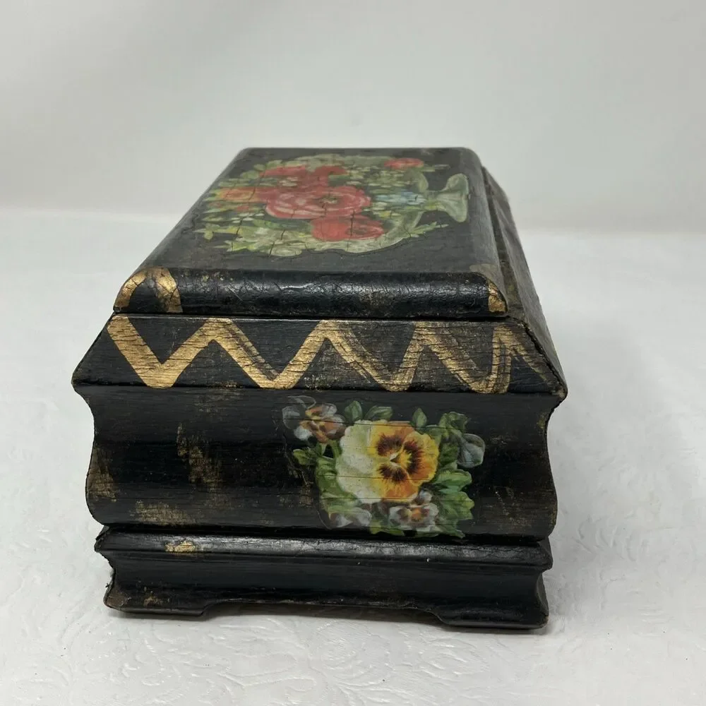 VINTAGE Rose/ Floral Decoupage Shellac Wooden Trinket Friendship Box w Lid